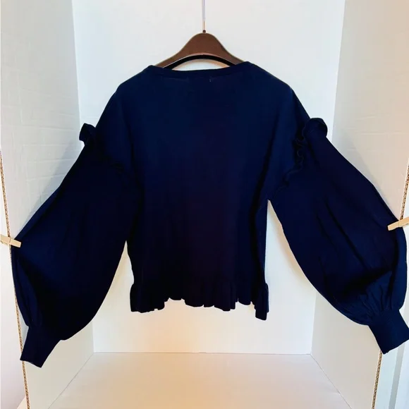 Ulla Johnson Navy Ruffle Cotton/Cashmere Sweater